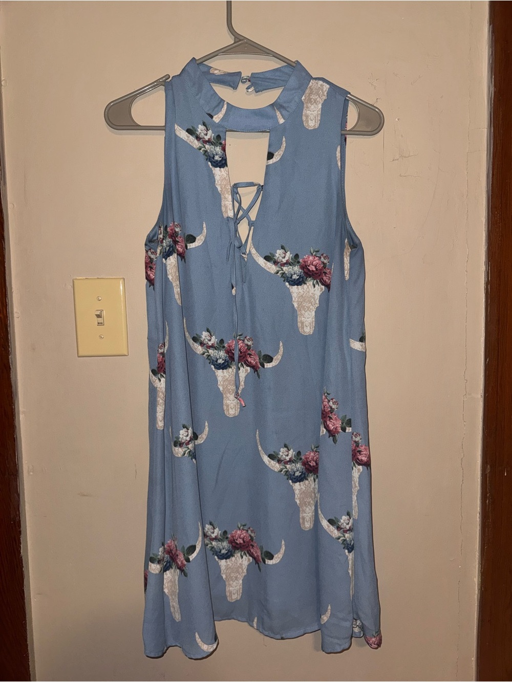 Sleeveless Light Blue Floral Bull Skull Lace-Up Mini Dress